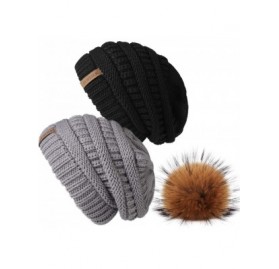 Skullies & Beanies Winter Real Fur Pom Beanie Hat Warm Oversized Chunky Cable Knit Slouch Beanie Hats for Women - CR18UOIG353...