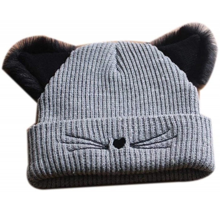 Skullies & Beanies Women Double Cat Ears Winter Casual Warm Cute Knitted Beanie Hats Hats & Caps - Grey - CK18Z2ZYE4O $13.24