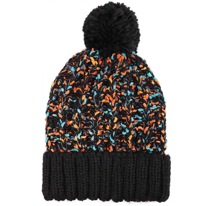 Skullies & Beanies Women's Winter Soft Knit Beanie Hat with Faux Fur Pom Pom - Mix Black_fleece Lined - CK193MS079S $17.10
