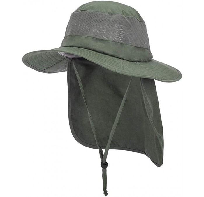 Sun Hats Unisex Sun Hat Outdoor UV Protecting Wide Brim Mesh Fishing Hat with Velcro Stowable Neck Flap - Army Green - C218U2...