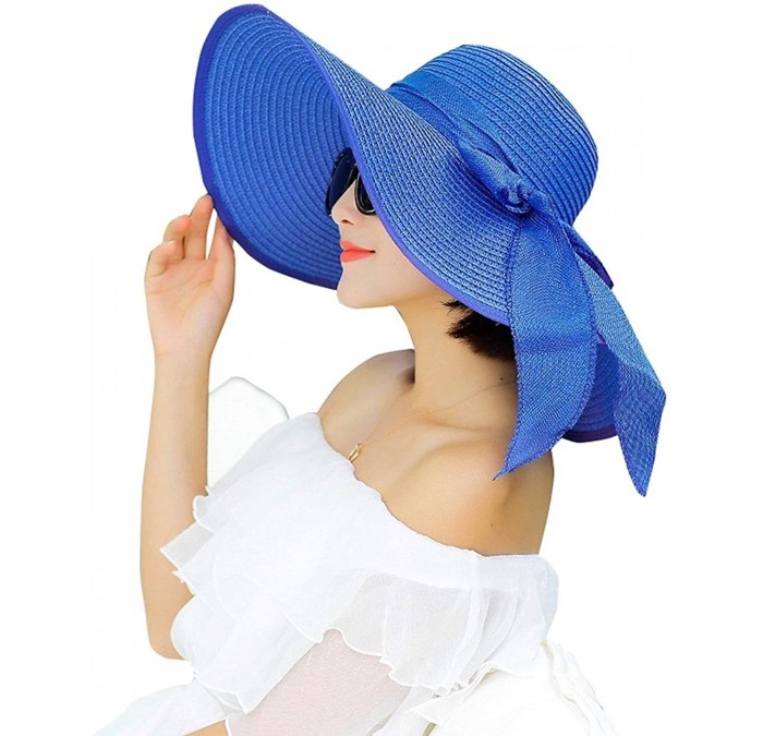 Sun Hats Womens Big Bowknot Straw Hat Foldable Roll up Sun Hat Beach Cap UPF 50+ Protection Sun Hats 041 - Royal-a - CC18SARA...