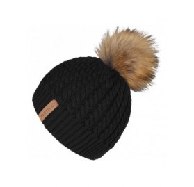 Skullies & Beanies Winter Beanie for Women Warm Knit Bobble Skull Cap Big Fur Pom Pom Hats for Women - 02- Black With Raccoon...