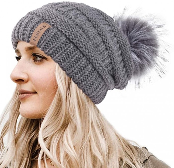Skullies & Beanies Womens Winter Knit Slouchy Beanie Hat Warm Skull Ski Cap Faux Fur Pom Pom Hats for Women - CR18UDL289U $13.16