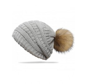 Skullies & Beanies Slouchy Winter Knit Beanie Cap Chunky Faux Fur Pom Pom Hat Bobble Ski Cap - Light Grey 01 - C618E8TL2DW $1...