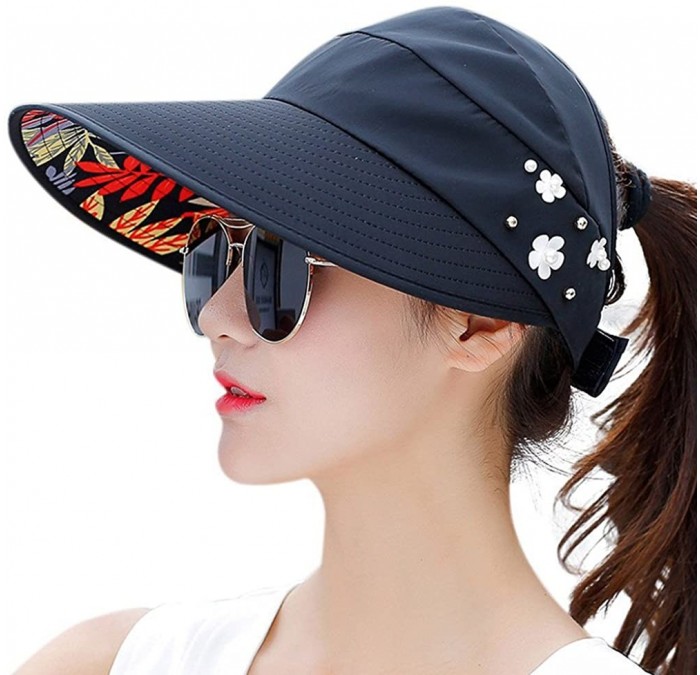 Sun Hats Women's UV Protection Wide Brim Cap Packable Visor Summer Beach Sun Hats - Black (Flowers) - CK18D2H63GG $17.78