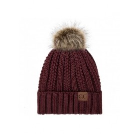 Skullies & Beanies Exclusives Fuzzy Lined Knit Fur Pom Beanie Hat (YJ-820) - Maroon - C3192AETR00 $14.46
