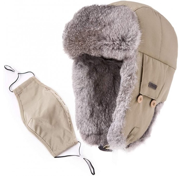 Bomber Hats Unisex 100% Rabbit Fur Bomber Trapper Mask Earflap Ushanka Russian Winter Hat 55-61cm - 69185-beige - CQ18KO5TY8I...