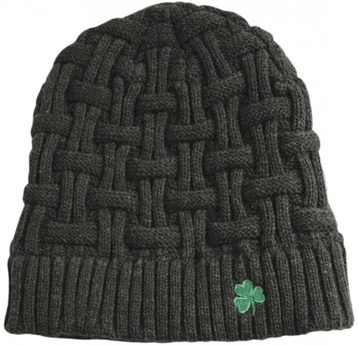 Skullies & Beanies Acrylic Basket Weave Beanie Hat Dark Grey Colour with Green Shamrock - C312FW7LRNB $27.87