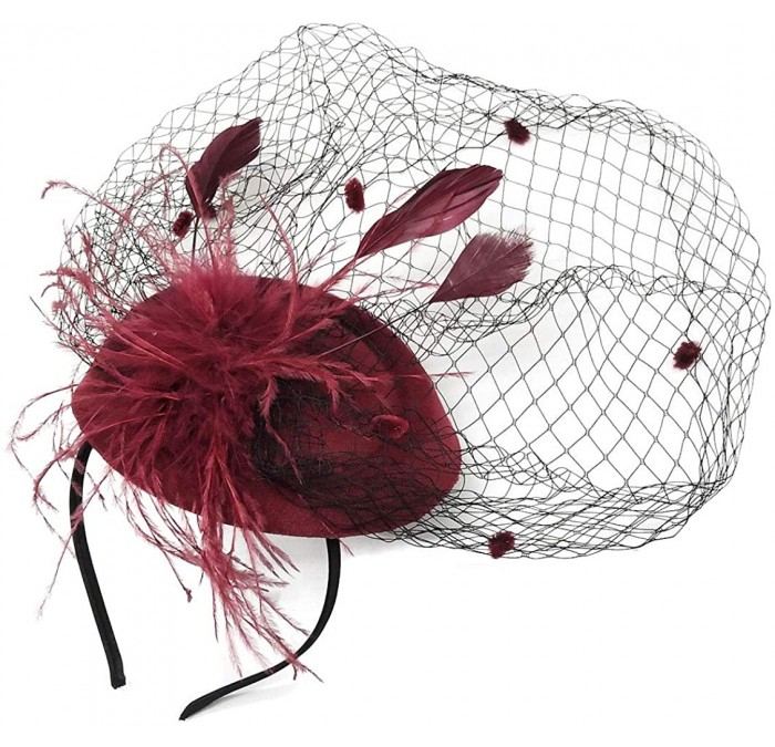 Berets Womens Fascinator Hat Sinamay Pillbox Flower Feather Tea Party Derby Wedding Headwear - Zf Burgundy - CG18OUMNYRX $17.68