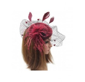 Berets Womens Fascinator Hat Sinamay Pillbox Flower Feather Tea Party Derby Wedding Headwear - Zf Burgundy - CG18OUMNYRX $11.08