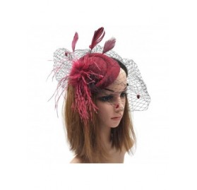 Berets Womens Fascinator Hat Sinamay Pillbox Flower Feather Tea Party Derby Wedding Headwear - Zf Burgundy - CG18OUMNYRX $11.08