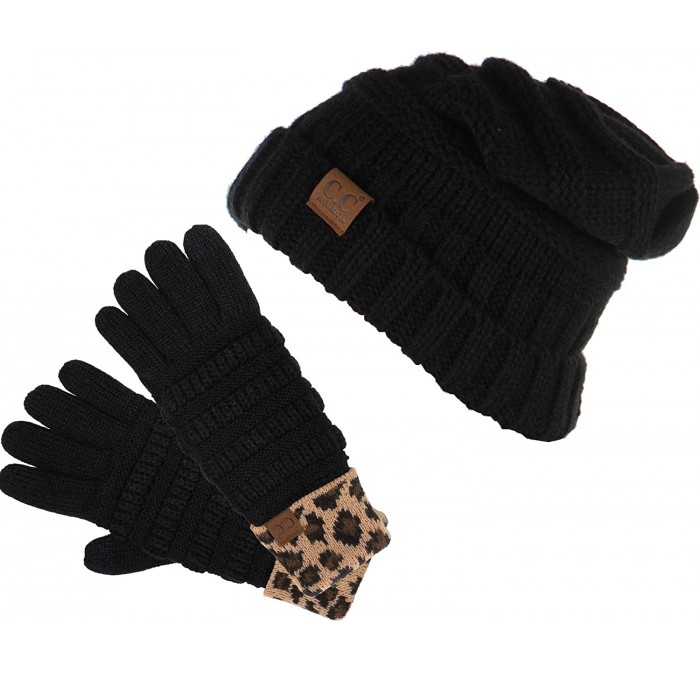Skullies & Beanies EGH1-8006 Oversized Beanie & Lined Glove Set (E2 & G2) - Black & Leopard Black - C9193ENUEZ3 $45.11