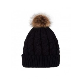 Skullies & Beanies Women's Winter Soft Knitted Beanie Hat with Faux Fur Pom Pom - Black - CJ18M39DGI0 $10.60