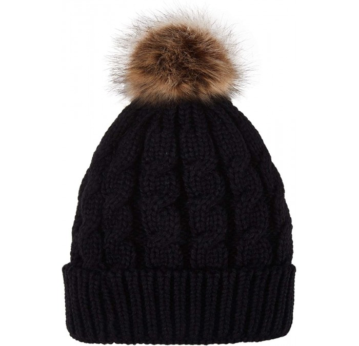 Skullies & Beanies Women's Winter Soft Knitted Beanie Hat with Faux Fur Pom Pom - Black - CJ18M39DGI0 $18.30