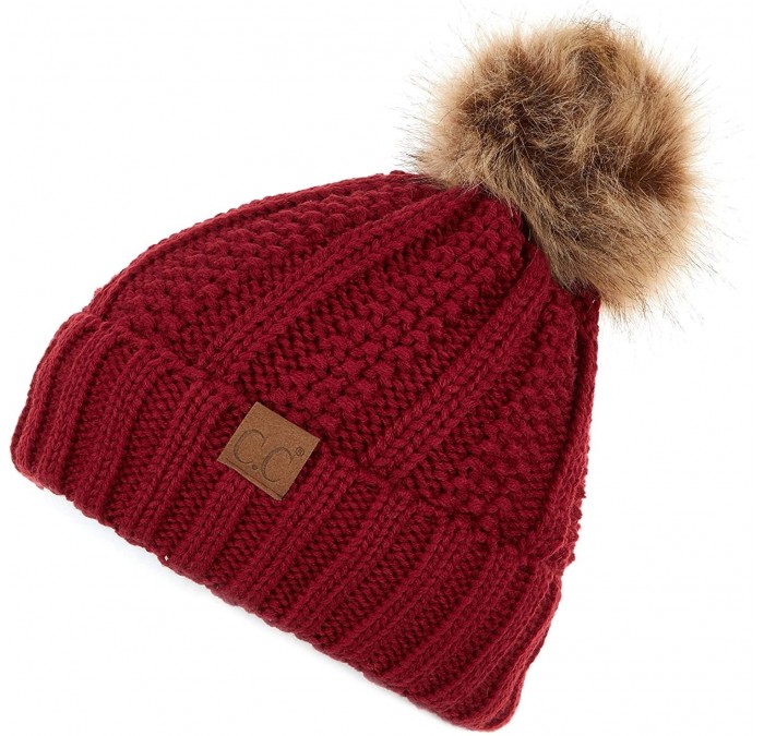 Skullies & Beanies Exclusives Fuzzy Lined Knit Fur Pom Beanie Hat (YJ-820) - Burgundy - CN18I6QGNNX $32.82