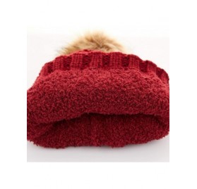 Skullies & Beanies Exclusives Fuzzy Lined Knit Fur Pom Beanie Hat (YJ-820) - Burgundy - CN18I6QGNNX $16.84