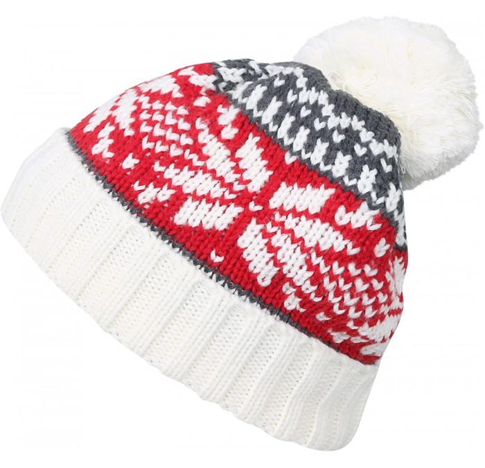 Skullies & Beanies Nordic Pattern Slouchy Beanie Pompom Ribbed Knit Skully Winter Hat - White - C1188OY4KT7 $15.35
