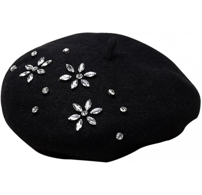 Berets Classic French Style Wool Beret Hat Pearls Beanie Cap with Pom for Women - Z2-black - C91808TEWWU $43.44