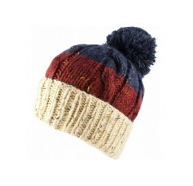 Berets Three Tone Crochet Knit Slouchy Pompom Beanie Beret Winter Ski Hat - Beige/Burgundy/Blue - CJ11NXHSYDT $7.91