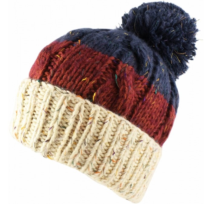 Berets Three Tone Crochet Knit Slouchy Pompom Beanie Beret Winter Ski Hat - Beige/Burgundy/Blue - CJ11NXHSYDT $20.68