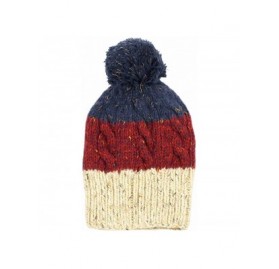 Berets Three Tone Crochet Knit Slouchy Pompom Beanie Beret Winter Ski Hat - Beige/Burgundy/Blue - CJ11NXHSYDT $7.91