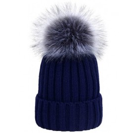 Skullies & Beanies Winter Knit Hat Kids Real Fur Pom Pom Warm Beanie Hat - Navy (Real Silver Fox Fur) - CO18Y2DQ36K $17.48