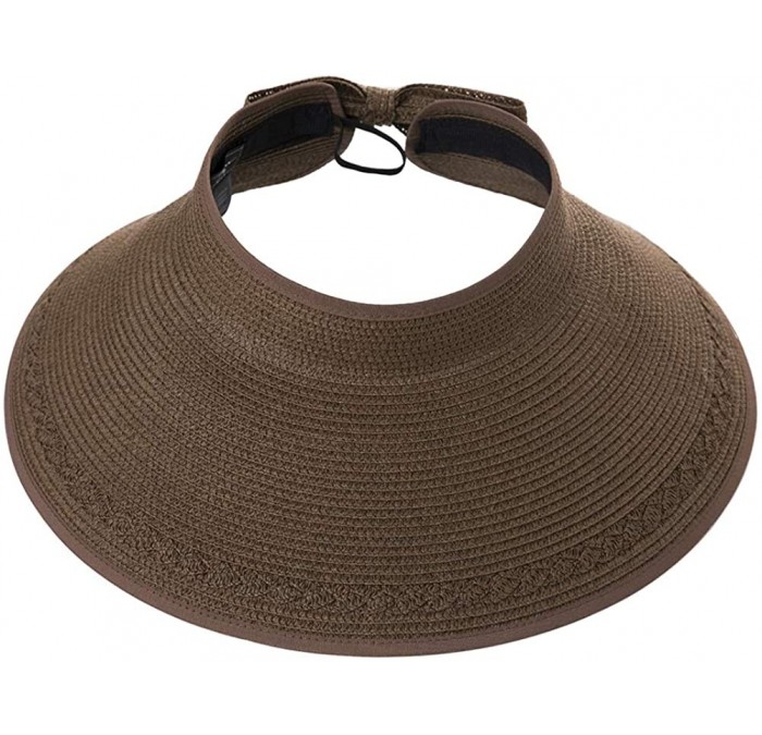 Sun Hats Rollup Straw Sun Visor Foldable Wide Brim Travel Hat Freesize Ponytail Fashion - 00764_brown - CK18T749EXN $26.54