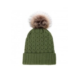 Skullies & Beanies Womens Beanie Winter Cable Knit Faux Fur Pompom Ears Beanie Hat - Single Pom_olive Green With Fur Pom - CT...