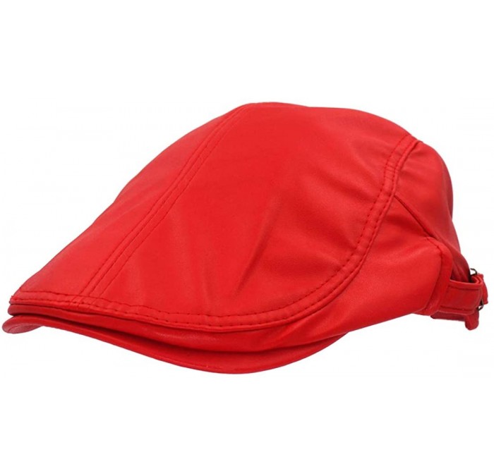 Newsboy Caps Classic Buckle PU Leather Newsboy Cap Driving Flat Cabby Ivy Beret Hat - Red - C3182Z3STQT $27.98