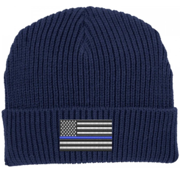 Skullies & Beanies Thin Blue Line American Flag Support Police Law Enforcement Winter Watch Cap Hat - Navy - CO180U9C7KG $31.08