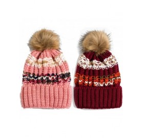 Skullies & Beanies Women Winter Soft Knitted Beanie Hat Fur Pom Beanie Fleece Lined Extra Thick - 2 Pack- Pink & Red - CY18LK...