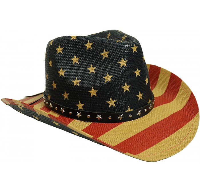 Cowboy Hats Vintage American Flag Western Cowboy Hat w/Laynard One Size Fits All (Black Stars) - C818ROT98ON $18.85