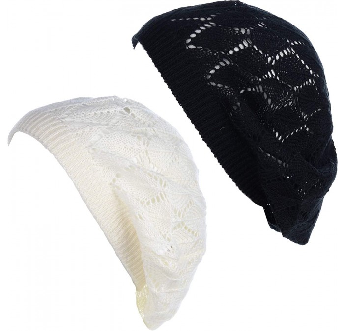 Berets Chic Soft Knit Airy Cutout Lightweight Slouchy Crochet Beret Beanie Hat - 2-pack-white & Black Leafy - CV194XOUTGO $31.82