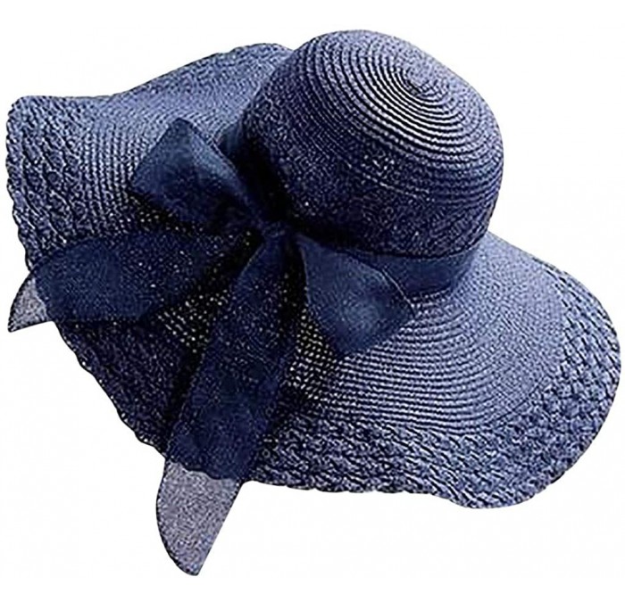 Sun Hats Fashion Women Colorful Big Brim Straw Bow Hat Sun Floppy Wide Brim Hats Beach Cap - Navy - CS18OXGASNT $23.31