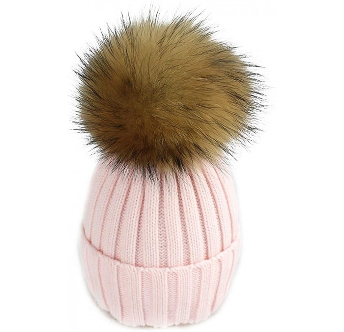 Skullies & Beanies Women Cable Knit Beanie Raccoon Fur Fuzzy Pompom Chunky Winter Stretch Skull Cap Cuff Hat - 01light Pink -...