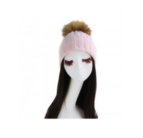 Skullies & Beanies Women Cable Knit Beanie Raccoon Fur Fuzzy Pompom Chunky Winter Stretch Skull Cap Cuff Hat - 01light Pink -...