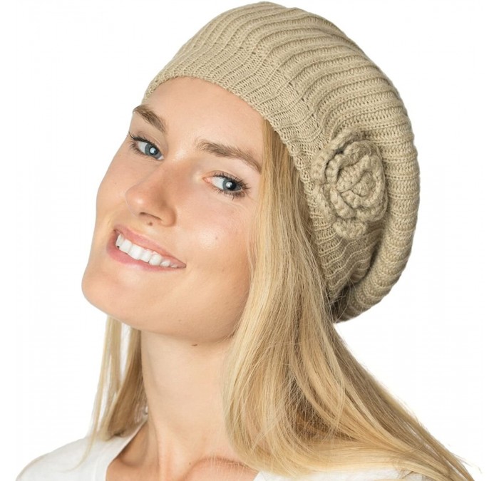 Berets Womens Fall Winter Ribbed Knit Beret Double Layers with Flower - Beige - C0126OIA2XH $25.29