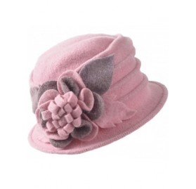 Bucket Hats Women Floral Trimmed Wool Blend Winter Hat Pink - CL18IEOAEXY $19.15