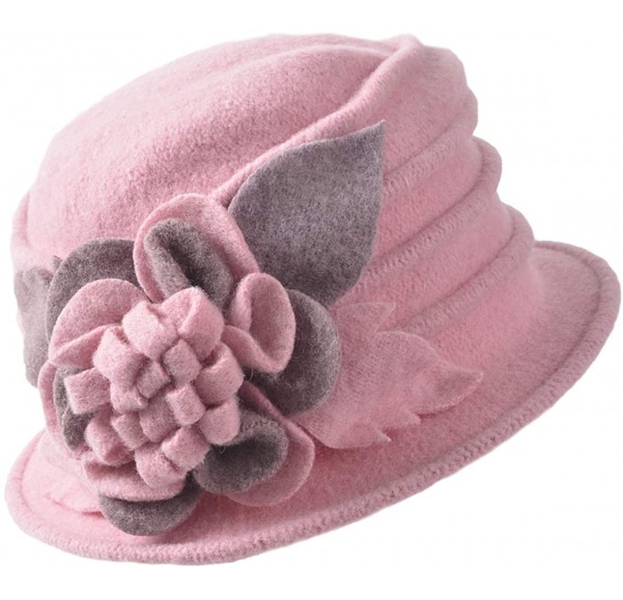 Bucket Hats Women Floral Trimmed Wool Blend Winter Hat Pink - CL18IEOAEXY $34.78