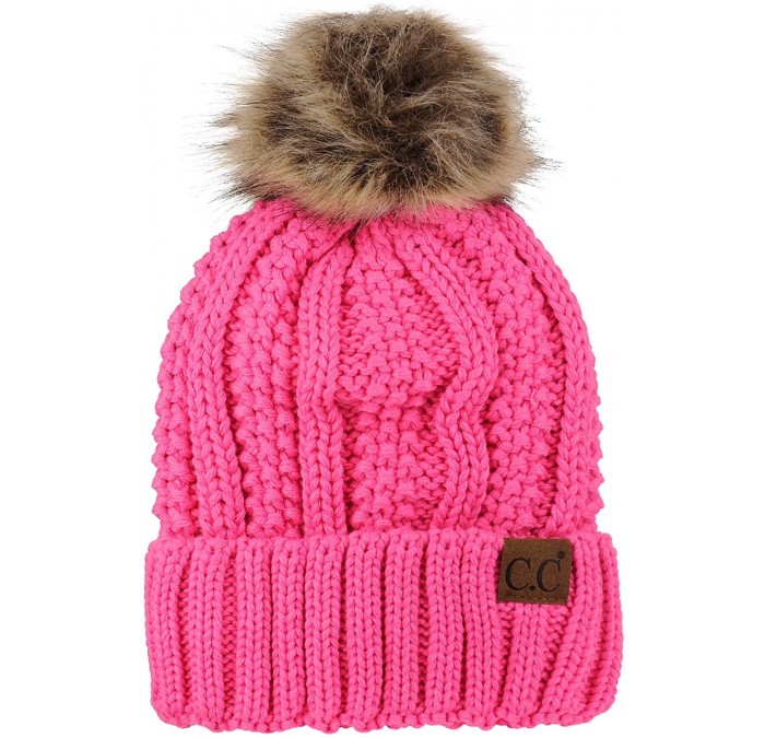 Skullies & Beanies Thick Cable Knit Faux Fuzzy Fur Pom Fleece Lined Skull Cap Cuff Beanie - Candy Pink - C618GXGY8C6 $30.23