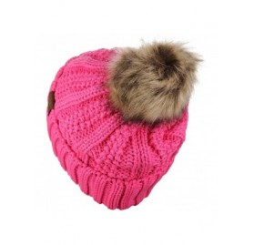 Skullies & Beanies Thick Cable Knit Faux Fuzzy Fur Pom Fleece Lined Skull Cap Cuff Beanie - Candy Pink - C618GXGY8C6 $12.66