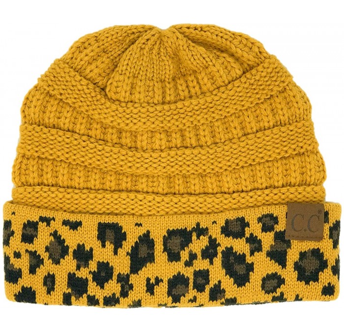 Skullies & Beanies Winter Fall Trendy Chunky Stretchy Cable Knit Beanie Hat - Leopard Mustard - CD18Y47LHOZ $19.63