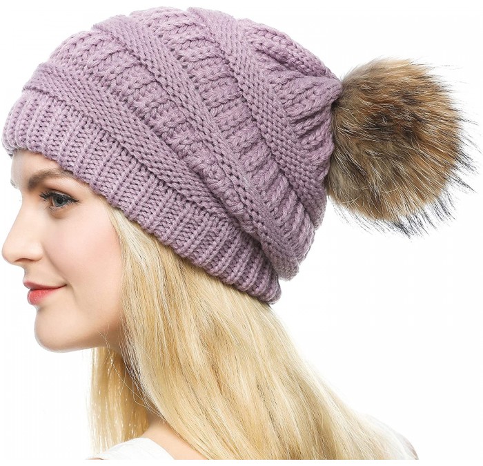 Skullies & Beanies Knit Hat for Womens Girls Fleece Winter Slouchy Beanie Hat with Real Raccon Fox Fur Pom Pom - Slouch Laven...