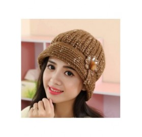 Berets Winter Beret Cap Womens Flower Knit Crochet Beanie Hat Winter Warm Cap - Coffee ❤️ - C418LD69K8K $12.52