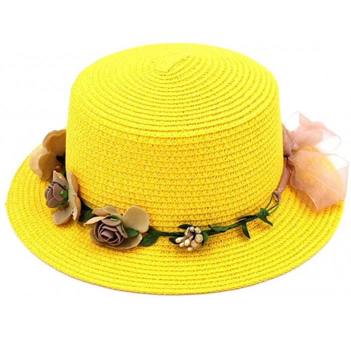 Sun Hats Women Summer Straw Boater Hat Beach Round Top Caps Wedding Flower Garland Band - Yellow - C31832TIQ0Q $17.90