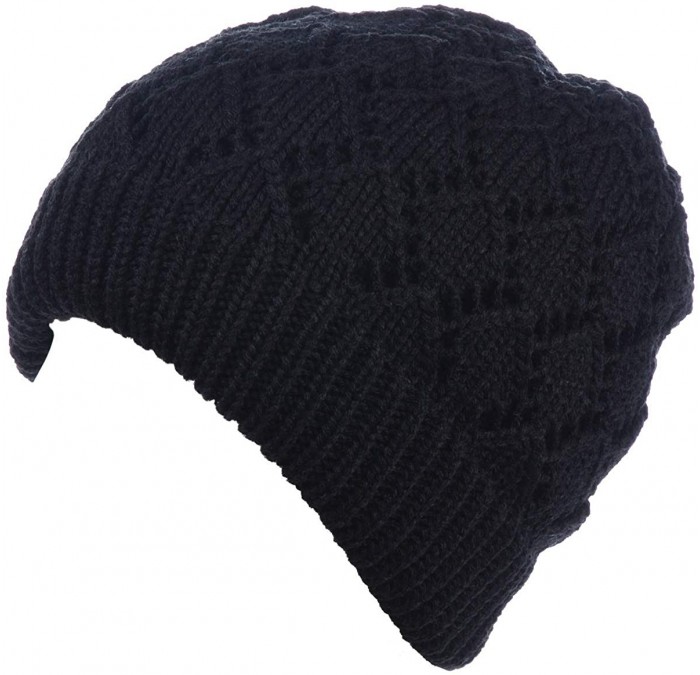 Skullies & Beanies Womens Winter Knit Plush Fleece Lined Beanie Ski Hat Sk Skullie Various Styles - Diamond Black - CR18UZA4E...