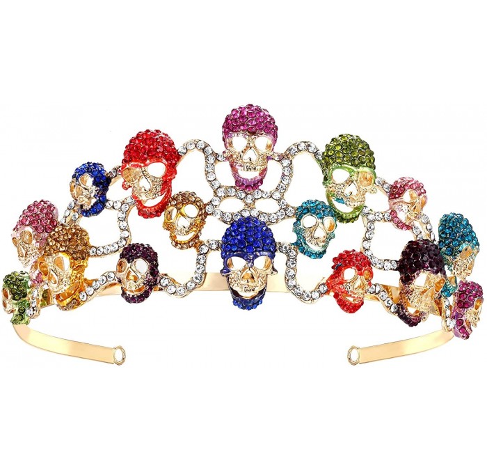 Headbands Halloween Skull Hair Band Tiara Austrian Crystal - Multicolor Gold-Tone - CN11FBMFZSB $43.62
