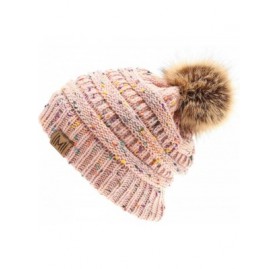 Skullies & Beanies Women's Soft Stretch Cable Knit Warm Skully Faux Fur Pom Pom Beanie Hats - Confetti - Blush - C118W3UW5W6 ...