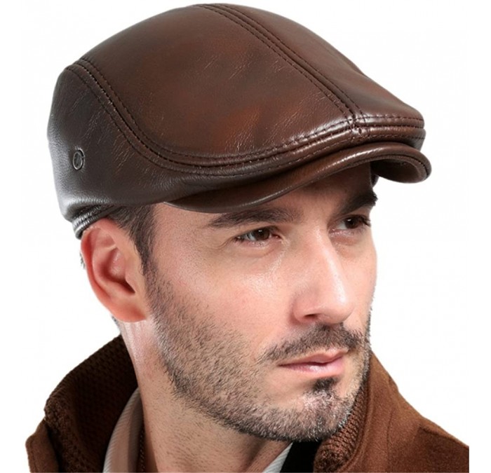 Newsboy Caps Men's Real Cowhide Leather Beret Hunting Cap Beanie Trucker Cap Mens Sports Hat - Ancient Brown - CH18L2X6DGA $5...
