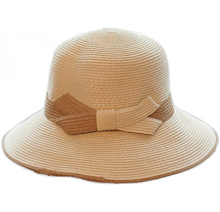 Sun Hats Women Elegant Bowknot Floppy Beach Straw Hats Wide Brim Packable Sun Cap - Belt Beige - C618EZSOASI $26.09